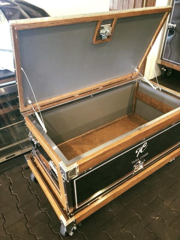 Tara Corr's open wooden storage trunk.