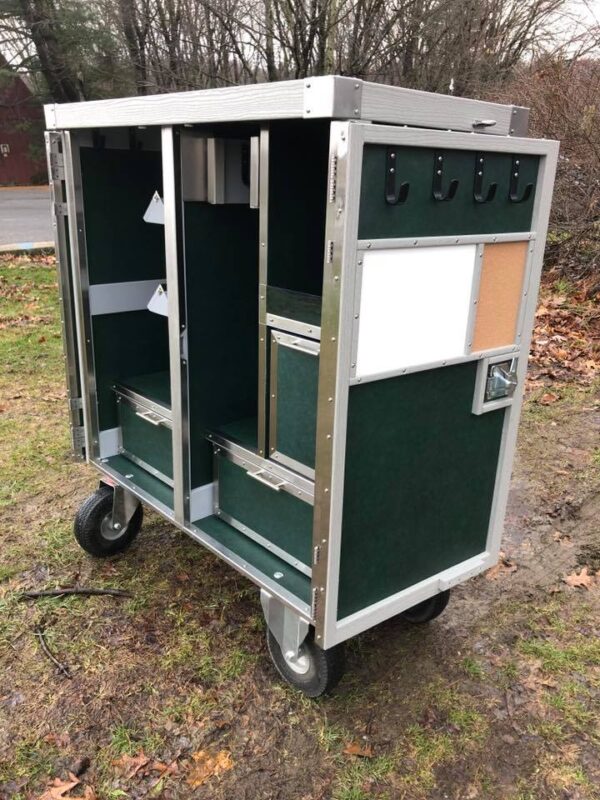 Green mobile storage cart with shelves.