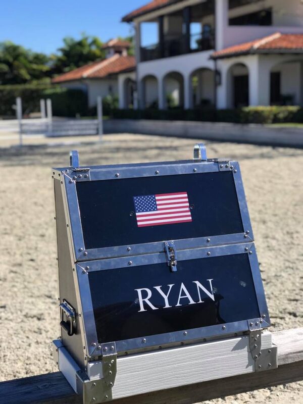 Here's an alt tag for the image: Ryan's personalized jump box with US flag.