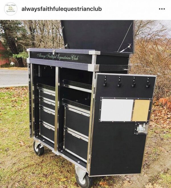 Black equestrian mobile tack trunk.