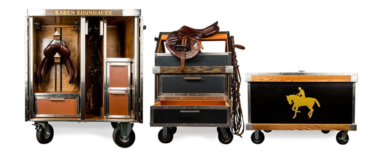 Rectangle 33 Here's an alt tag for the image: > Equestrian tack trunks and cart.