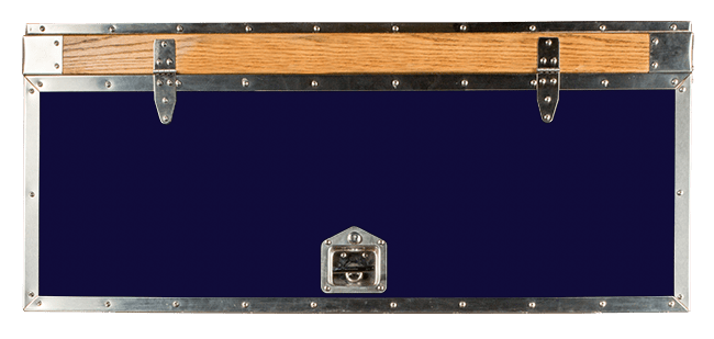 Here's an alt tag for the image: Navy blue metal trunk with wood top.