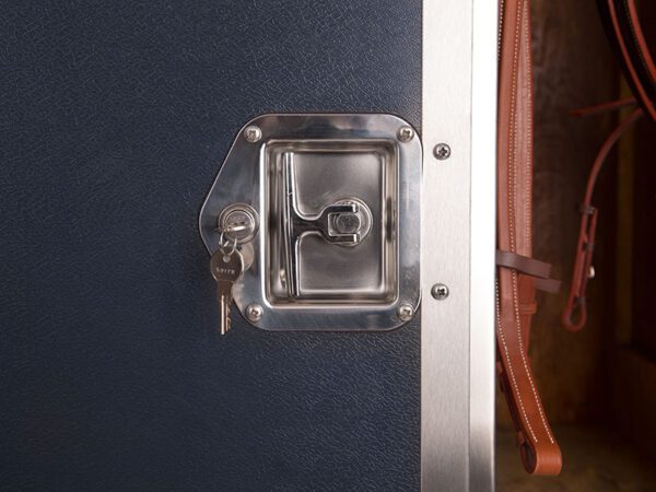 Here's an alt tag for the image: Locked case with keys in latch.