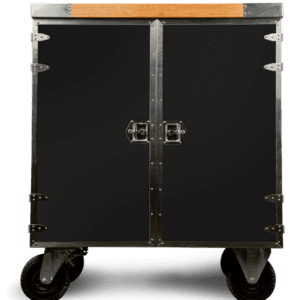 Black metal rolling cabinet with wood top.