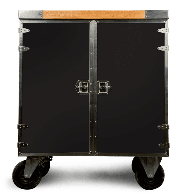 Black metal rolling cabinet with wood top.