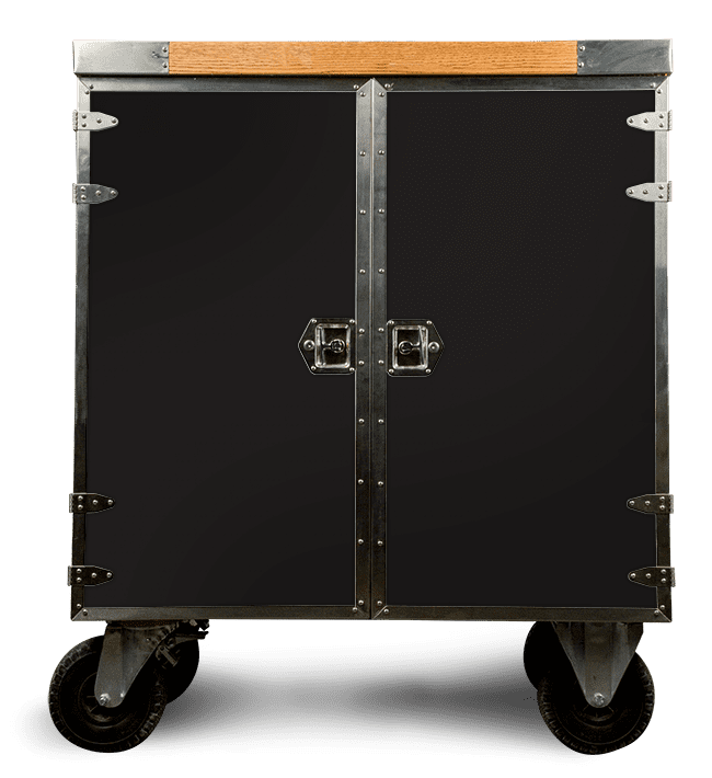 Black metal rolling cabinet with wood top.