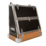 Black metal toolbox with wooden base.