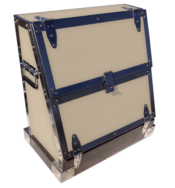 Beige metal-trimmed storage chest.