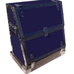 Here's an alt tag for the image: Dark blue metal toolbox with hinges.