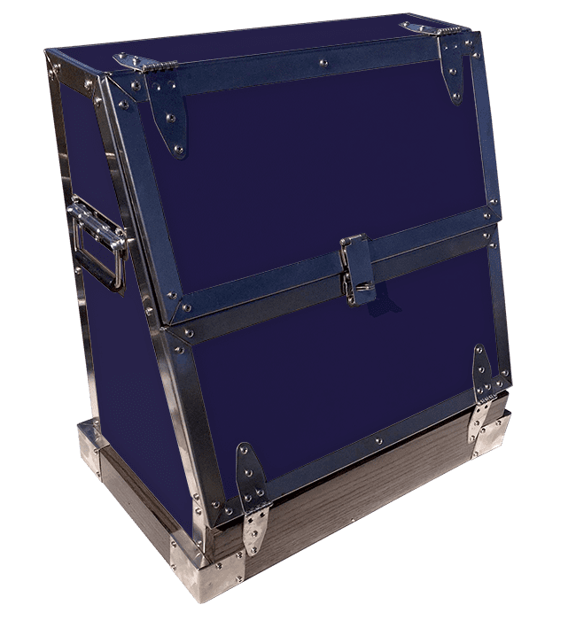 Here's an alt tag for the image: Blue metal-trimmed storage chest.