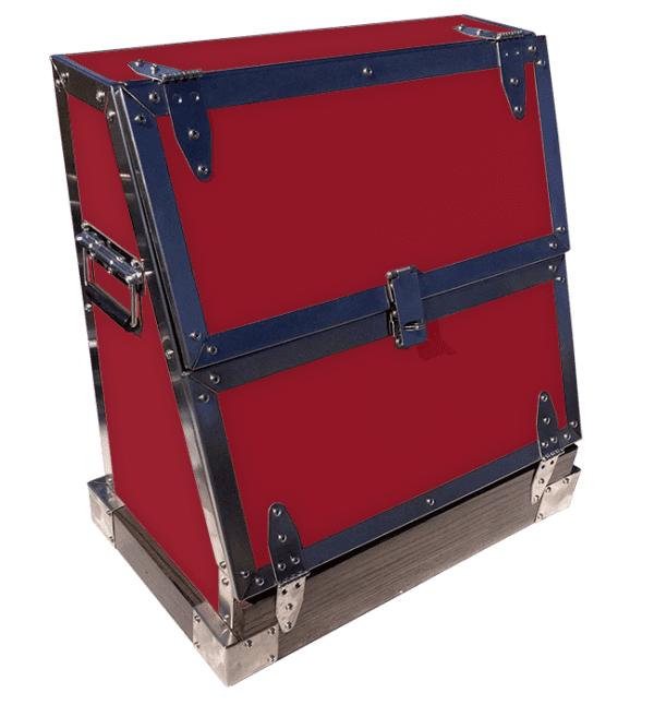 Red metal toolbox with silver accents.