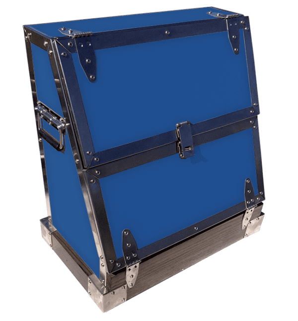 Blue metal toolbox with silver accents.