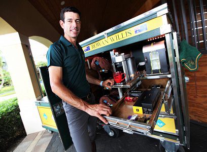 Man at Rowan Willis coffee cart.