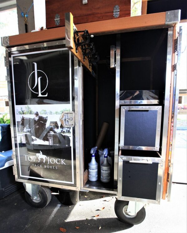 Top Jock tack box, open, horse supplies.