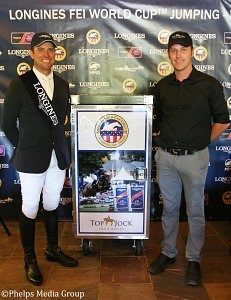 Here's an alt tag for the image: Two men at Longines FEI World Cup.