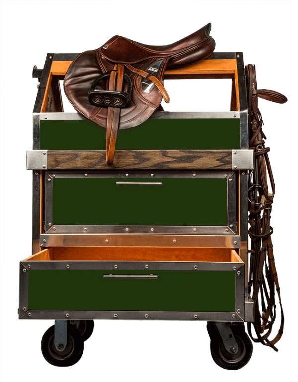 Here's an alt tag for the image: Green equestrian saddle cart with bridle.