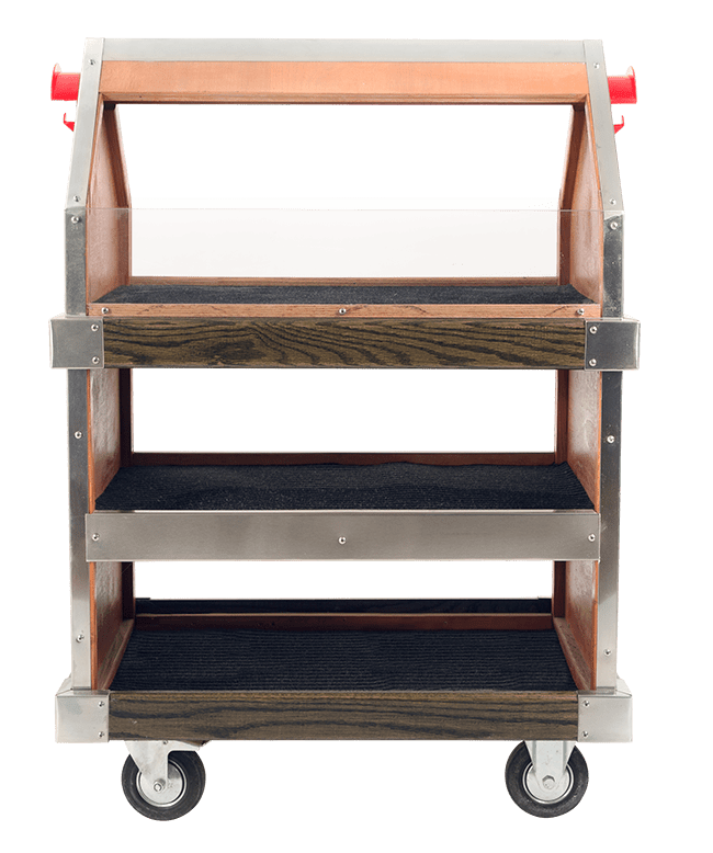 Here's an alt tag for the image: Three-tiered wooden utility cart with wheels.
