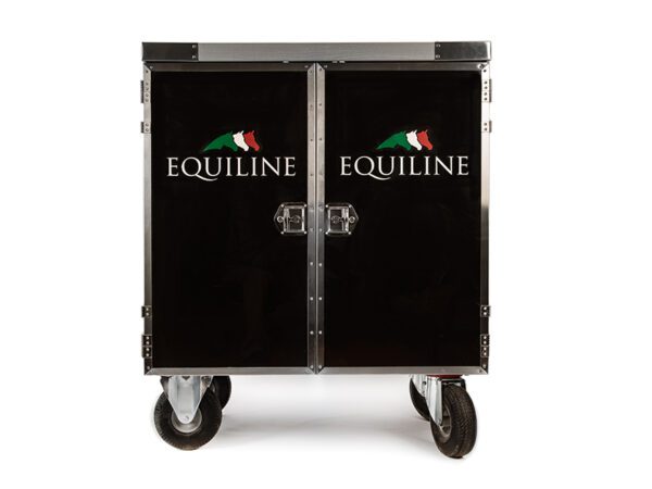 Equiline branded black equestrian tack trunk.