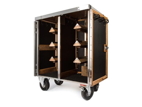 Here's an alt tag for the image: Portable wooden equipment cart with shelves.