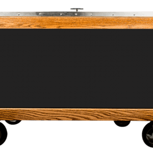 Wooden cart with black chalkboard.