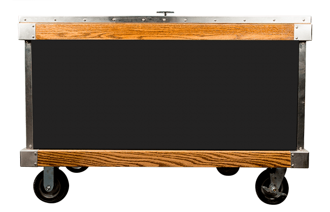 Wooden cart with black chalkboard.