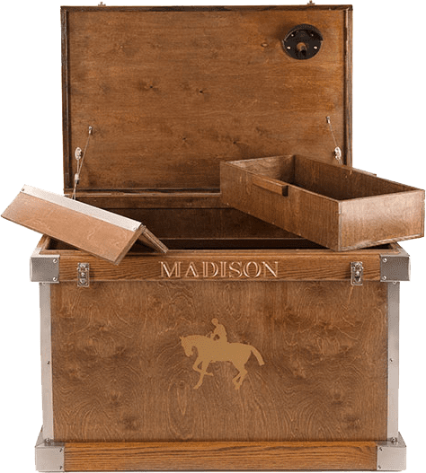 Personalized wooden horse tack trunk.