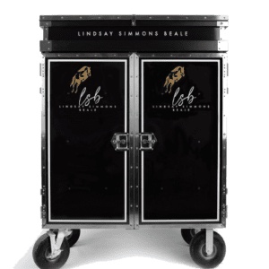 A black and silver metal cabinet with wheels.
